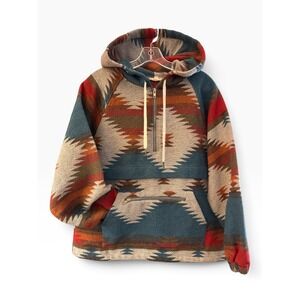 Mainstrip Southwestern Geometric Quarter Zip Hoodie Pullover Blue Rust Small